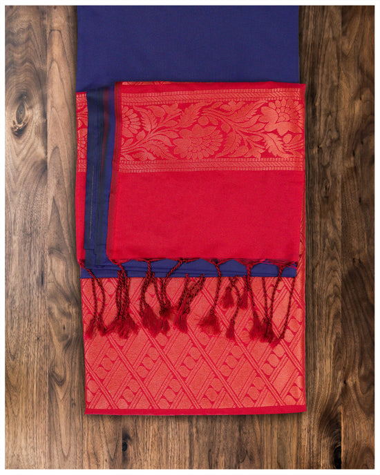 Red and Blue Contrast Art Silk Borderless saree