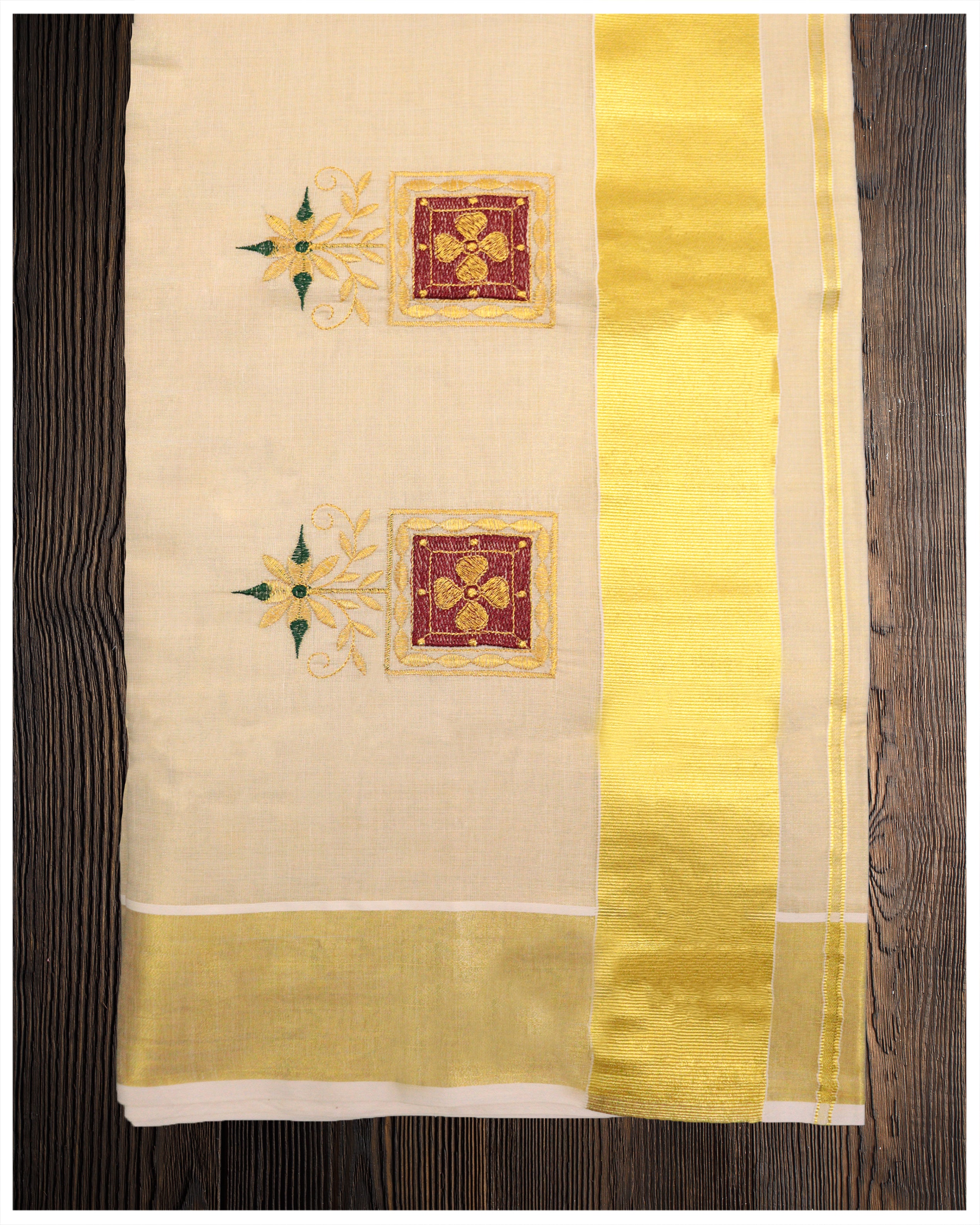 KERALA STYLE TISSUE SAREE WITH EMBROIDERY WORK AND BLOUSE-CFSTS0002 –  www.soosi.co.in