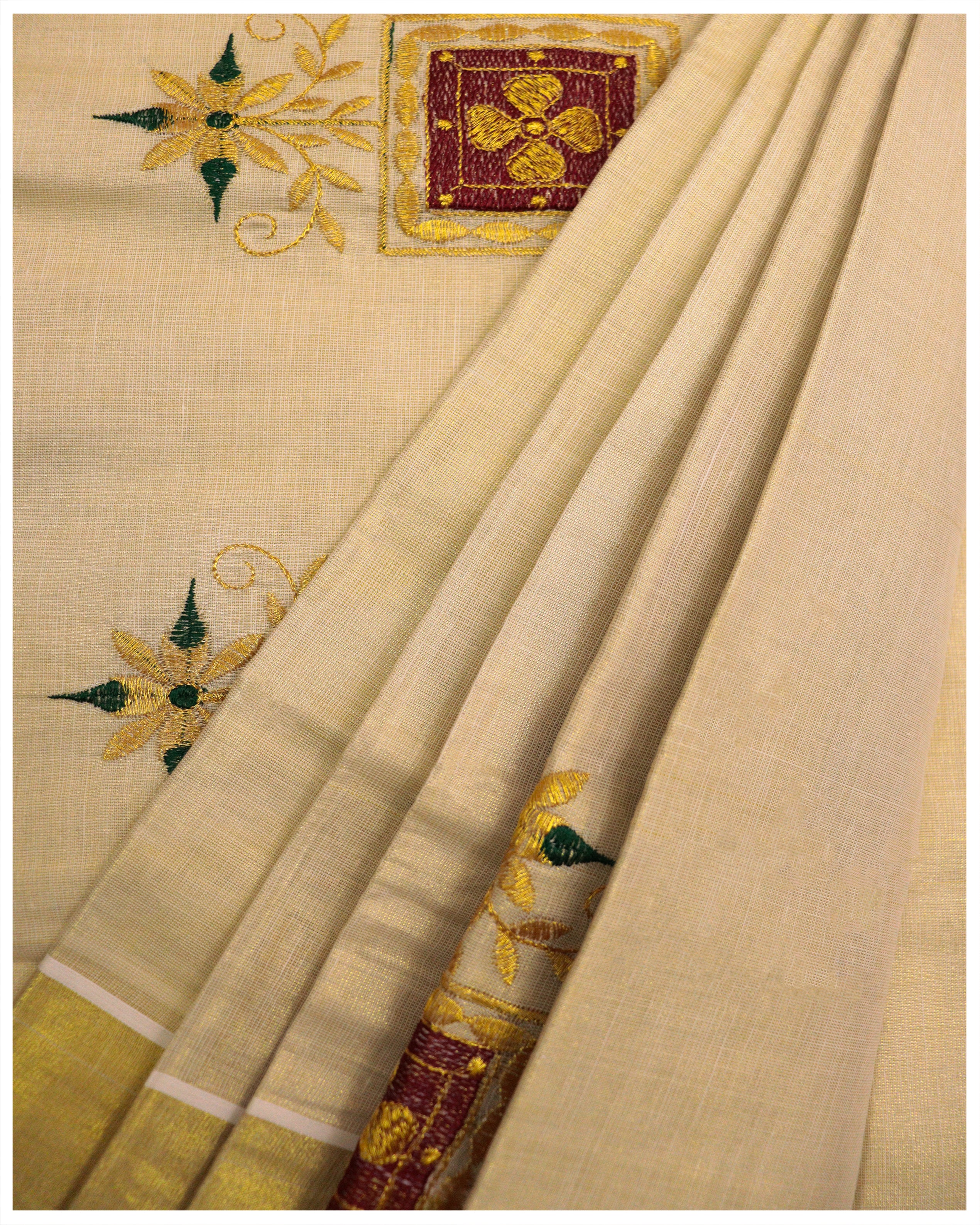 Sai Ram Textiles Kerala Kuthampully Premium Quality Golden Polka Cotton  Saree | Kerala Traditional Set Saree