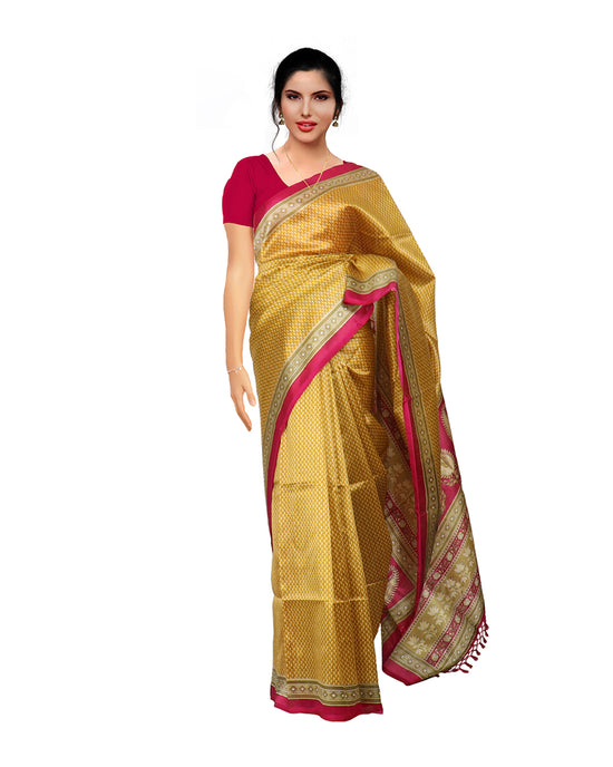 Mustard yellow, majenta combo casual wear synthetic saree Sarees sreevalsamsilks