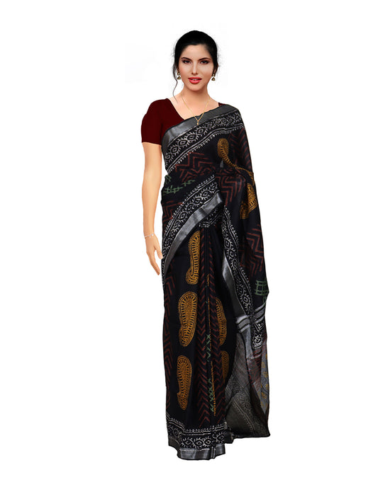 Black Printed Soft Cotton Mulmul Casual Wear Semi jute Saree Sarees sreevalsamsilks