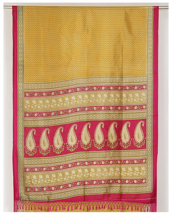 Mustard yellow, majenta combo casual wear synthetic saree Sarees sreevalsamsilks