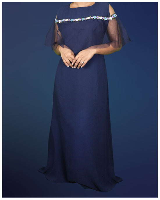 Navy Blue off Shouldered Cape Gown